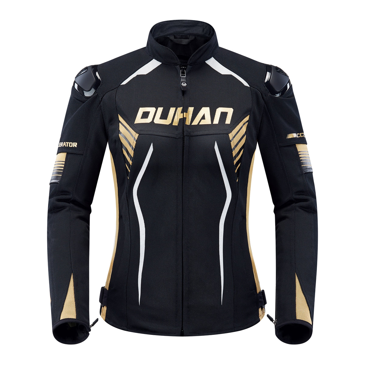 D-2278 Women's Motorcycle Riding Jacket Front View - Breathable Mesh Summer Protective Jacket(Black and Gold Color Scheme)